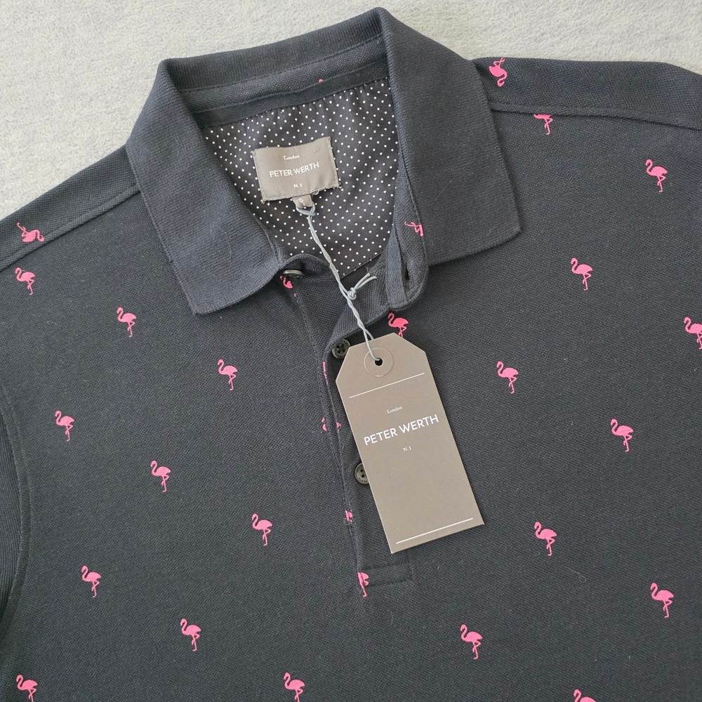 Peter Werth London Mens Fandango Flamingo Polo Shirt Black Pink Small New